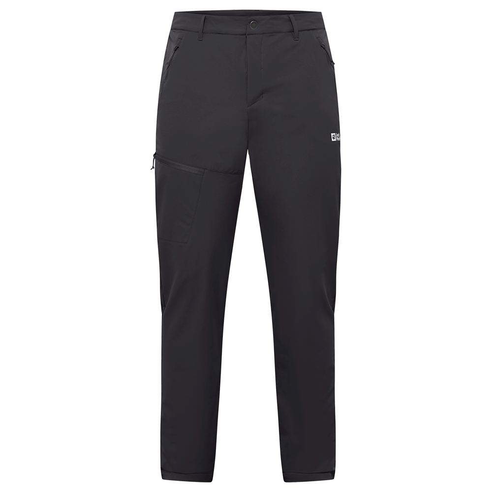 sorte friluftsbukser har et enkelt, funktionelt design med slank pasform og let, strækbart materiale. Bukserne har bæltestropper, knappelukning med skjult lynlås, to skrålommer med lynlås og en rummelig cargolomme på låret til småting. Forstærkede sømme og bevægelsesvenligt snit gør dem velegnede til vandreture, arbejde og hverdag, hvor komfort og praktisk opbevaring er i fokus.