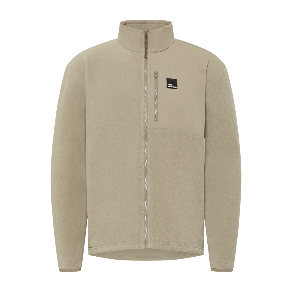En enkel og funktionel beige fleecejakke med høj krave og fuld lynlås. Jakken har blødt, isolerende fleece-materiale, forstærkede paneler på brystet og en lynlåslomme til småting. Diskret Jack Wolfskin-logo pryder brystet. Designet er minimalistisk og velegnet til lag-på-lag under udendørsaktiviteter eller som varm hverdagstrøje. Rette ærmer og let rundet kant giver et praktisk, tidløst udtryk.
