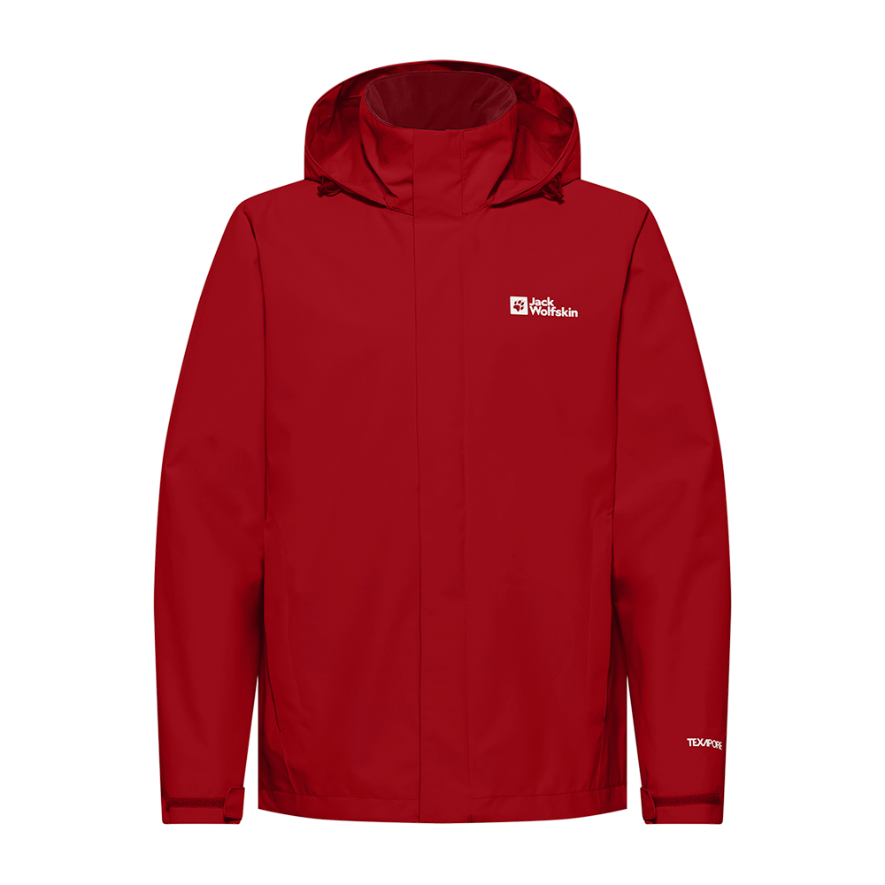En enkel, rød regnjakke fra Jack Wolfskin med hætte og en ren, minimalistisk silhuet. Jakken har en skjult lynlås foran, justerbare ærmekanter og diskrete sidelommer. Logoet på brystet og teksten "TEXAPORE" på ærmet signalerer funktionel, vandtæt/åndbar teknologi. Designet fremstår praktisk og slidstærkt, velegnet til udendørs aktiviteter hvor enkelhed og beskyttelse mod vind og vejr prioriteres.