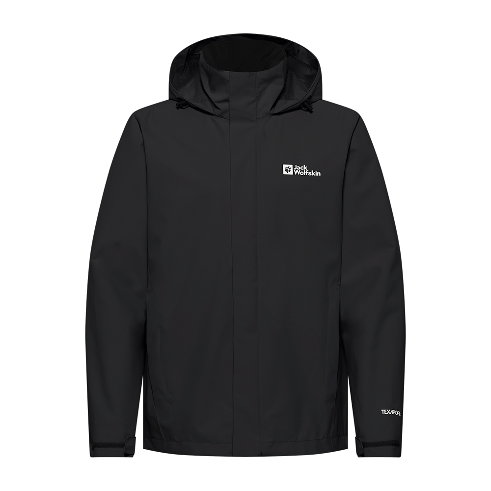 Sort, minimalistisk regnjakke med hætte fra Jack Wolfskin. Jakken har en mat overflade og foret hætte med justeringssnore, skjult lynlås og vandtætte syninger. Diskret logo på brystet og TEXAPORE-mærke på ærmet indikerer vejrbestandigt materiale. Justerbare ærmekanter, sidelommer og en let, åndbar konstruktion gør den praktisk til vandreture og hverdag i vådt vejr.