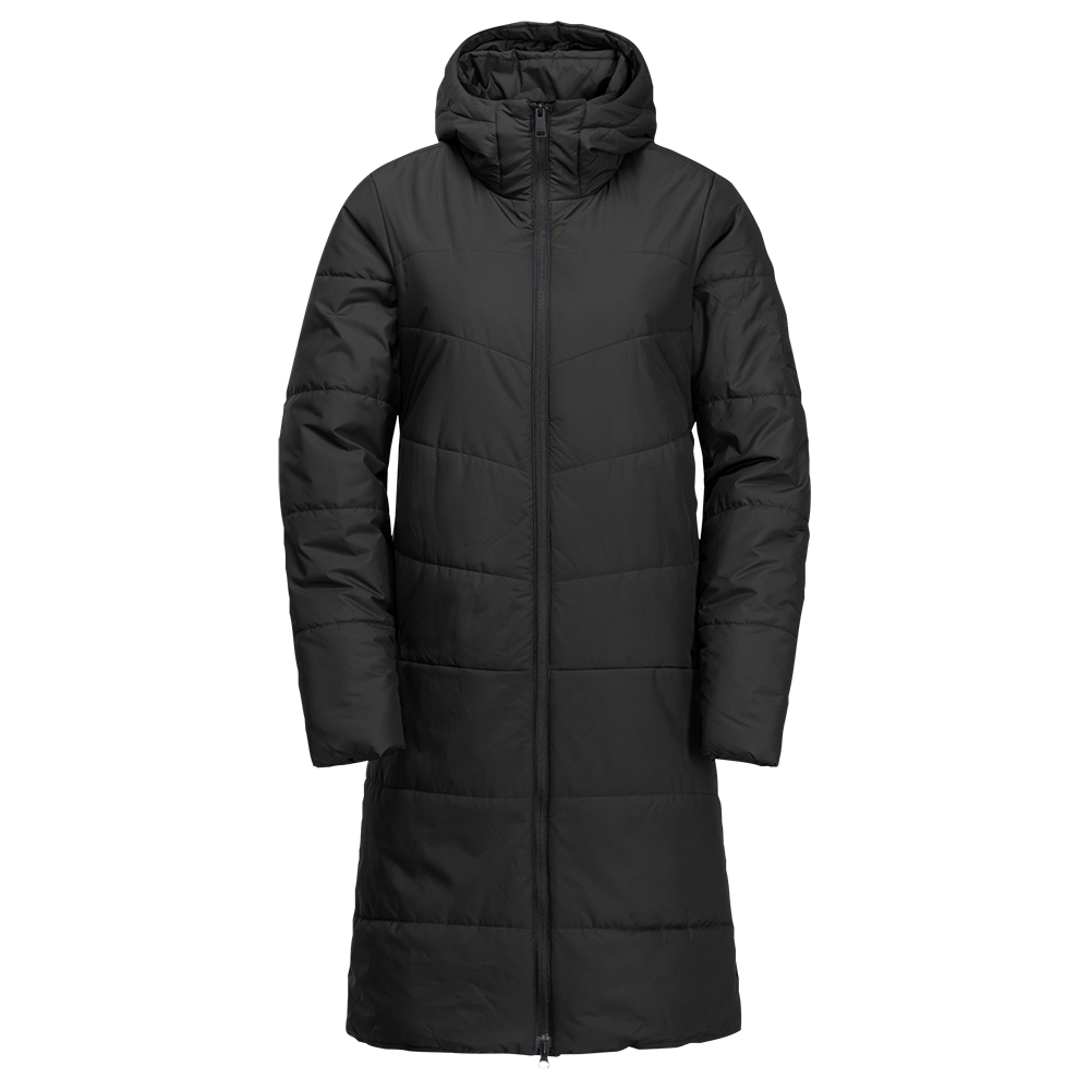 En lang, sort dun- eller vatteret vinterfrakke med hætte, foret for ekstra varme og med en hellykkende lynlås foran. Jakken har lodrette sømme og en vandafvisende overflade, et minimalistisk, tidløst design og en lige, let figursyet pasform. Ærmerne er polstrede for isolering, og jakken går til under knæet, hvilket giver god beskyttelse mod kulde og vind i vinterhalvåret.