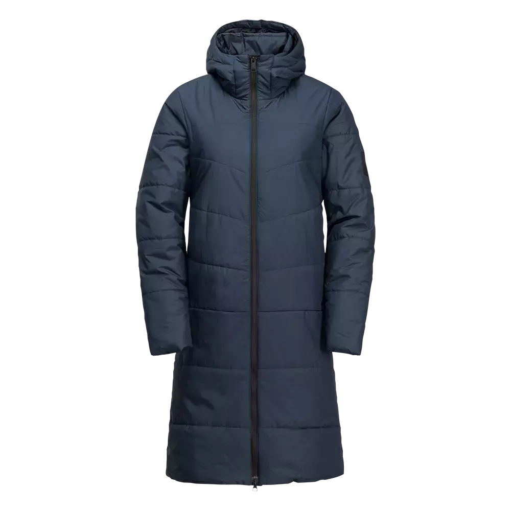 En lang, mørkeblå, vatteret vinterfrakke med hætte og kraftig, todelt lynlås. Designet er enkelt og funktionelt med vandret quiltning, lange ærmer og et tætsiddende snit, der går til omkring knæet. Den ser varm og isolerende ud, ideel til kolde, blæsende dage, og passer til både hverdag og bybrug. Materialet virker vind- og fugtbestandigt, mens hætten giver ekstra beskyttelse.