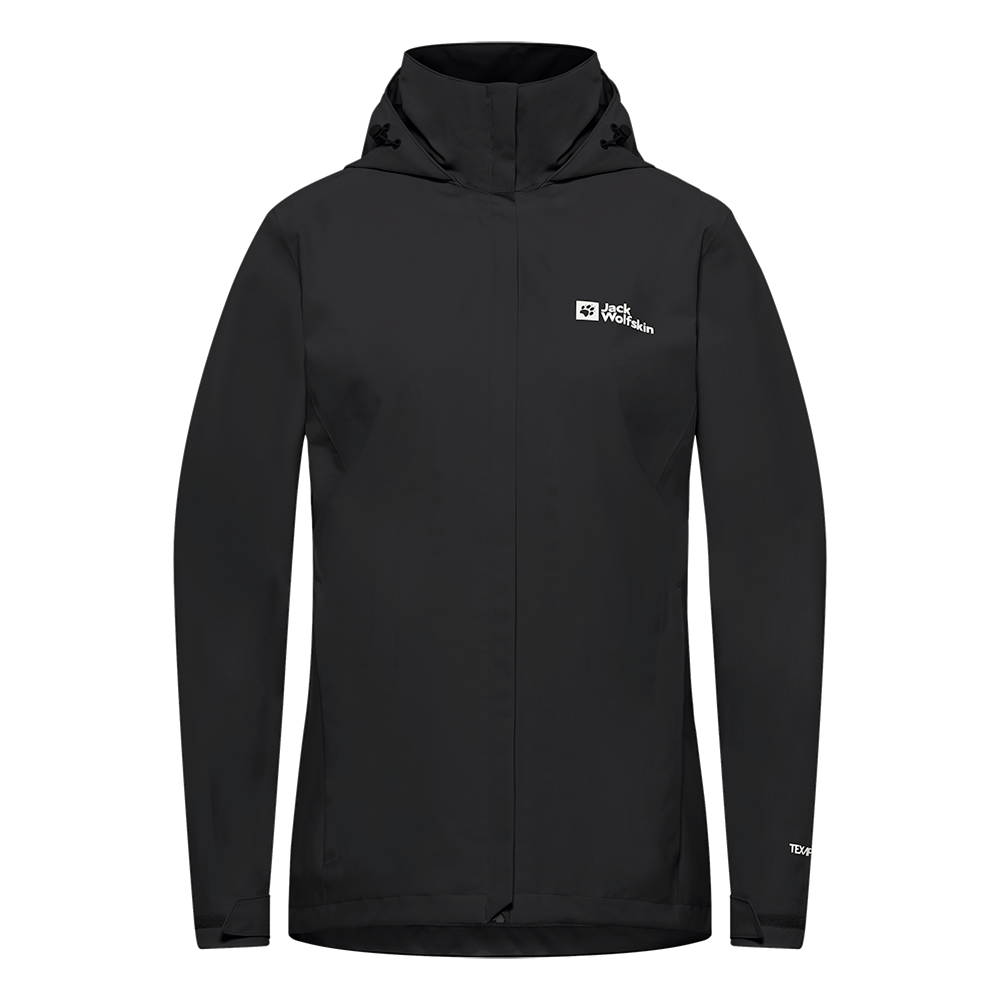 Sort, minimalistisk regnjakke fra Jack Wolfskin med hætte og diskret logo på brystet. Jakken har fuld lynlås med vindlem, justerbar hætte og velcrolukning ved ærmerne for tæt pasform. Materialet virker let, vandtæt og åndbart, ideel til vandreture og hverdag i dårligt vejr. Enkel, funktionel og nem at pakke sammen i en rygsæk.