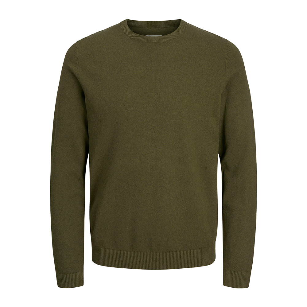 En enkelt, olivengrøn klassisk striktrøje med rund hals og lange ærmer. Den ser blød og tætvævet ud, med ribstrik ved halsudskæring, ærmeender og kant for et diskret finish. Stilren og minimalistisk, egnet til både hverdag og mere opklædte lejligheder; kan nemt styles med jeans eller skjorte under. Et alsidigt og tidløst valg til kølige dage.