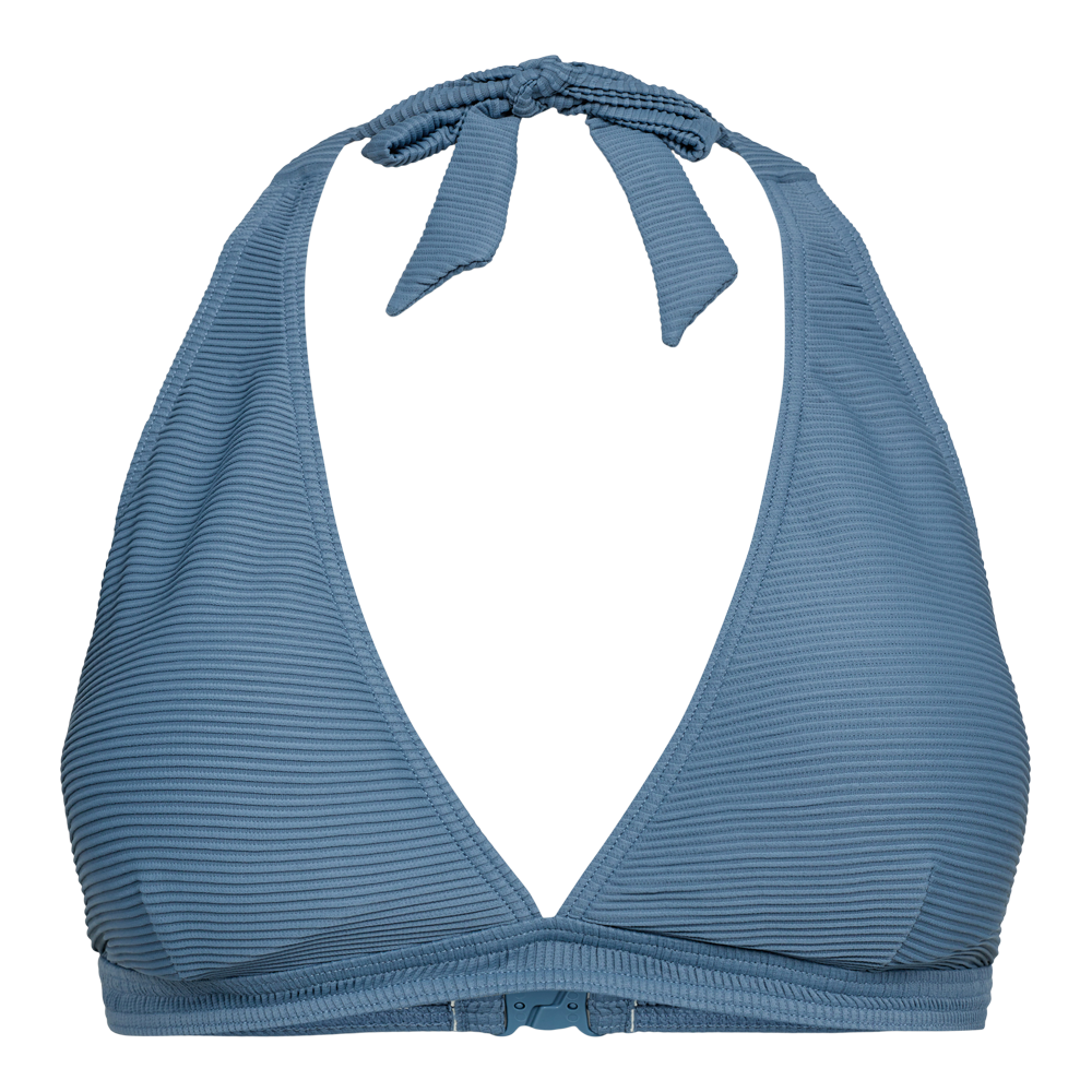 Lyseblå halterneck-bikinitop med ribbet tekstur og dybt V-udskæring. Toppen har brede stropper, der bindes i nakken, og en praktisk lukning i ryggen. Materialet virker blødt og elastisk med tydelige vandrette riller, der giver et diskret strukturelt udtryk. Designet kombinerer enkelhed og komfort, egnet til både strand- og poolbrug, og tilbyder moderat støtte og en tidløs, afslappet æstetik.