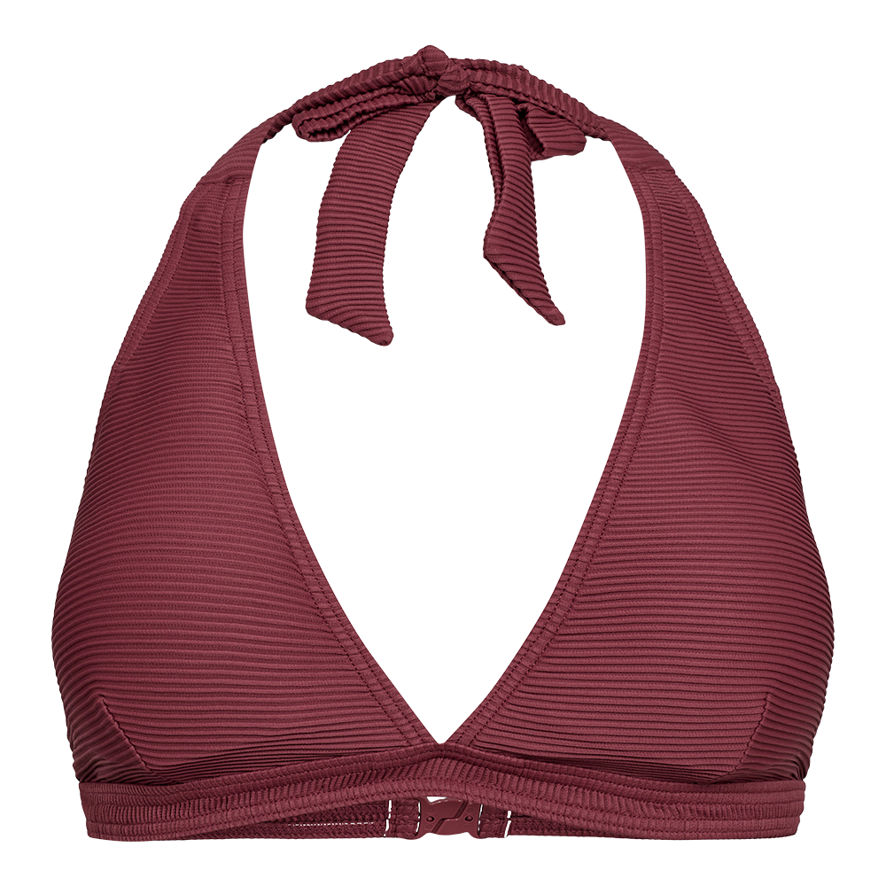 En stilren bikinitop i dyb burgunder med ribbet struktur, vist på en hvid mannequin. Designet har trekantede skåle, halterneck med bindebånd og justerbar lukning ved ryggen. Synlige sømme og elastisk kant giver god støtte og et raffineret, struktureret udtryk. Perfekt til strand og pool med et enkelt, elegant og tidløst look.