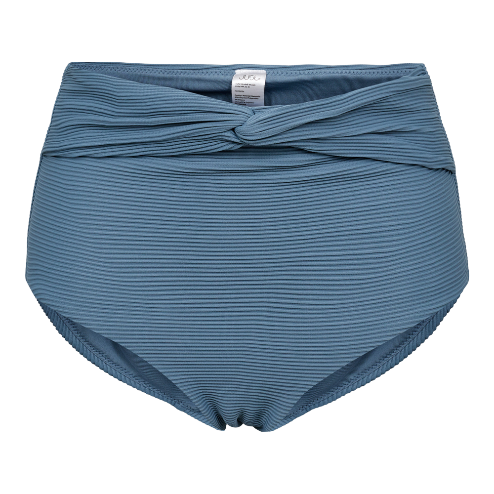 Blå, højtsiddende bikinitrusse i ribbet materiale med en dekorativ knude i taljen. Den højere linning giver god dækning og en flatterende silhuet, mens den fine tekstur skaber et klassisk men moderne udtryk. Siderne og benåbningerne har bløde kanter for komfort, og stoffet virker elastisk og holdbart. Et stilfuldt valg til strand eller pool, der kombinerer funktion og feminin æstetik.
