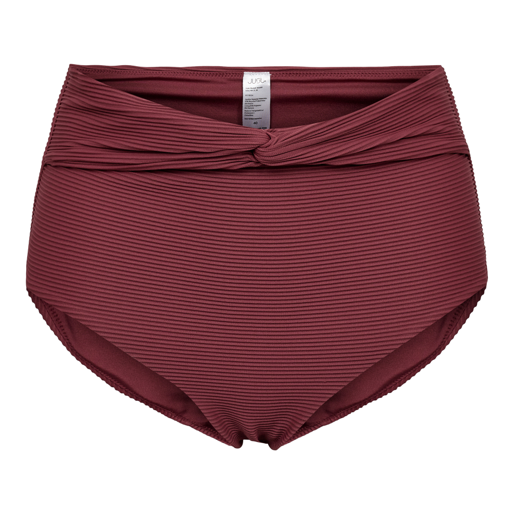 Et par højttaljede bikiniunderdel i en varm bordeauxfarve med en tydelig ribbet tekstur og en dekorativ knude foran. Stoffet virker elastisk og formgivende, hvilket lover god komfort og dækning. Kantfinishen er pæn og sømmene diskrete, mens en lille label ses indvendigt. Designet føles moderne og tidløst, velegnet til både strand- og poolbrug og nemt at kombinere med forskellige overdele.