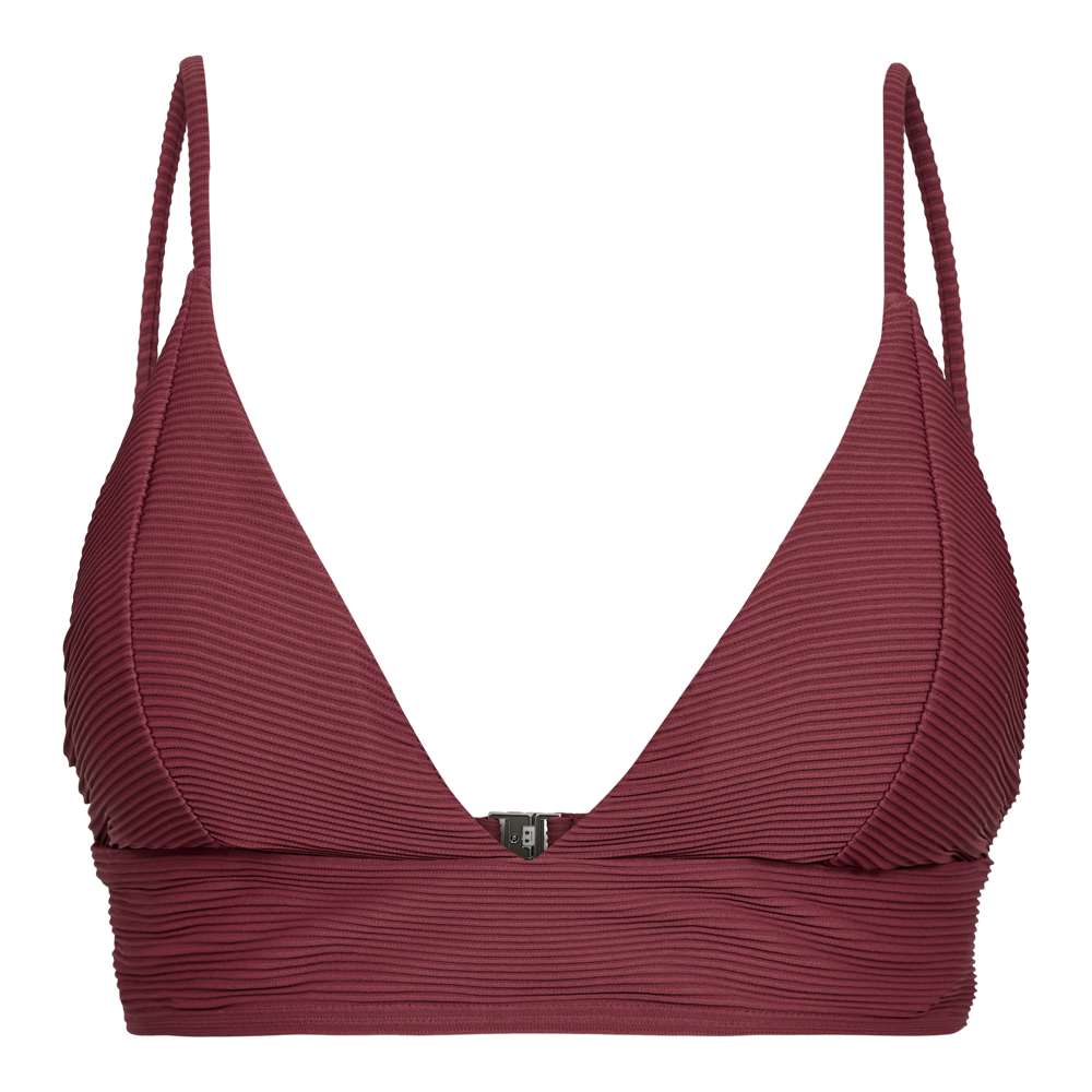 Den viste bikini- eller bralette-top er i en dyb bordeauxfarve med en tydelig ribbet struktur. Den har trekantede skåle og en markant V-udskæring, et bredt underbånd for støtte og smalle skulderstropper. Et lille metalspænde midt foran afslutter designet. Stilen kombinerer enkel elegance med komfort og egner sig både til strandbrug og som en afslappet, sporty hverdags-top.