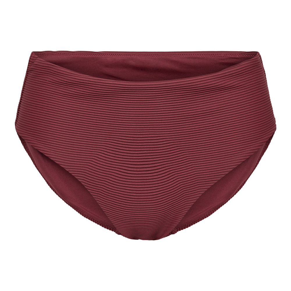 Et par højttaljede bikinitrusser i dyb vinrød nuance med fint rillemønster. Materialet ser elastisk og struktureret ud, hvilket giver diskret formgivning og god støtte omkring maven. Sømme og kant er pænt afsluttet, og pasformen fremstår komfortabel og flatterende. Den enkle, moderne stil gør dem velegnede til både strandbrug og som hverdagsunderdel, og farven kombineres let med neutrale eller mønstrede overdele.