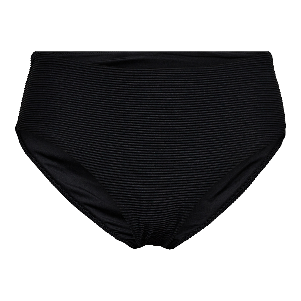 bikinibund i høj talje. Stoffet har tætte, vandrette riller, som giver tekstur og et elegant, moderne udtryk. Skæringen er fyldig med god dækning over mave og hofter, mens elastiske kanter sikrer en tæt og behagelig pasform. Materialet virker smidigt og formfast, velegnet til både badetøj og hverdagens undertøj for et minimalistisk, tidløst look.