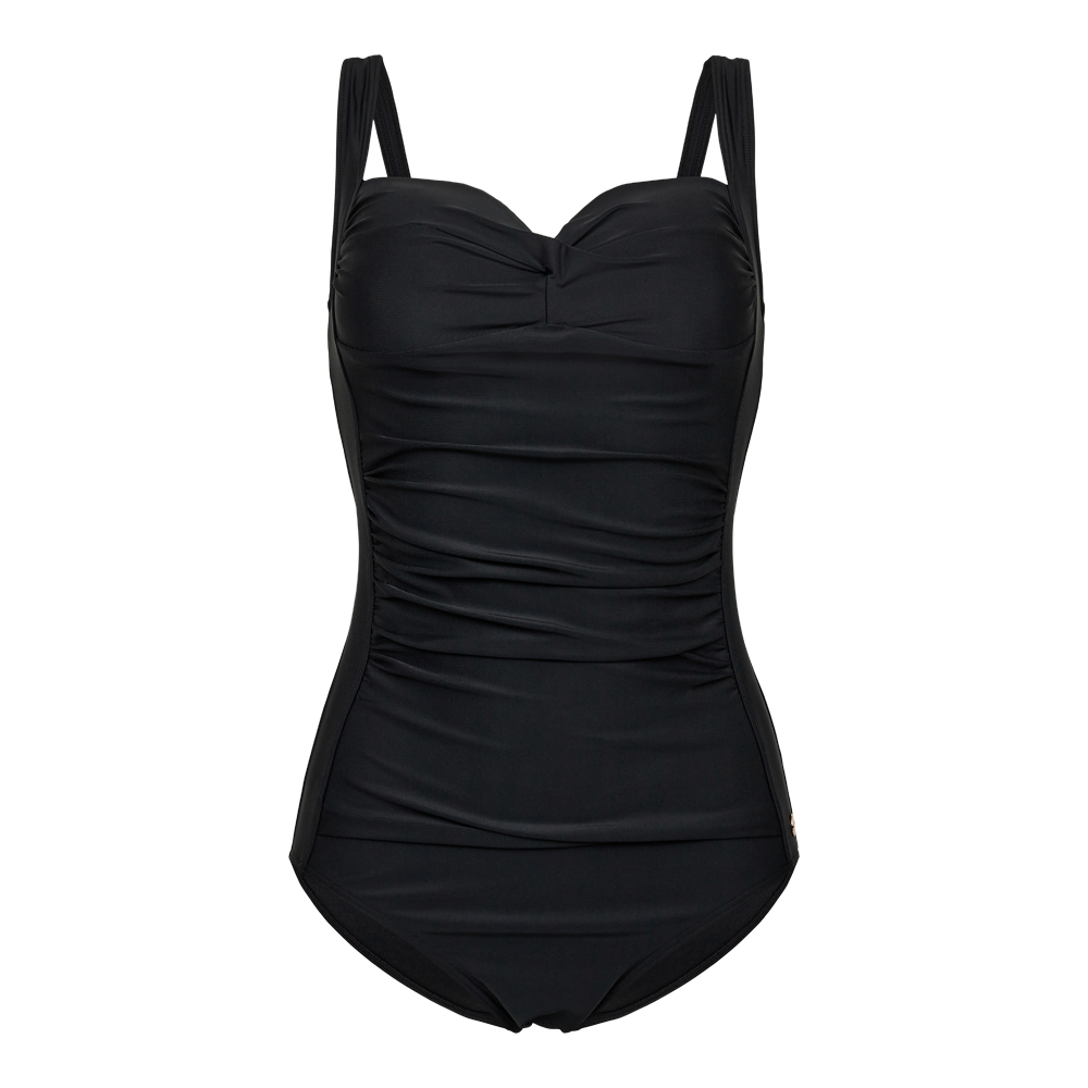 En elegant, klassisk sort badedragt med brede stropper og smigrende rynkedetaljer foran, der skaber en figursyet silhuet. Designet giver god dækning og et raffineret, tidløst udtryk, perfekt til både strand og pool. Den elastiske pasform følger kroppen og fremhæver taljen uden at være prangende. Enkel og sofistikeret stil, som fungerer for mange kropsformer.