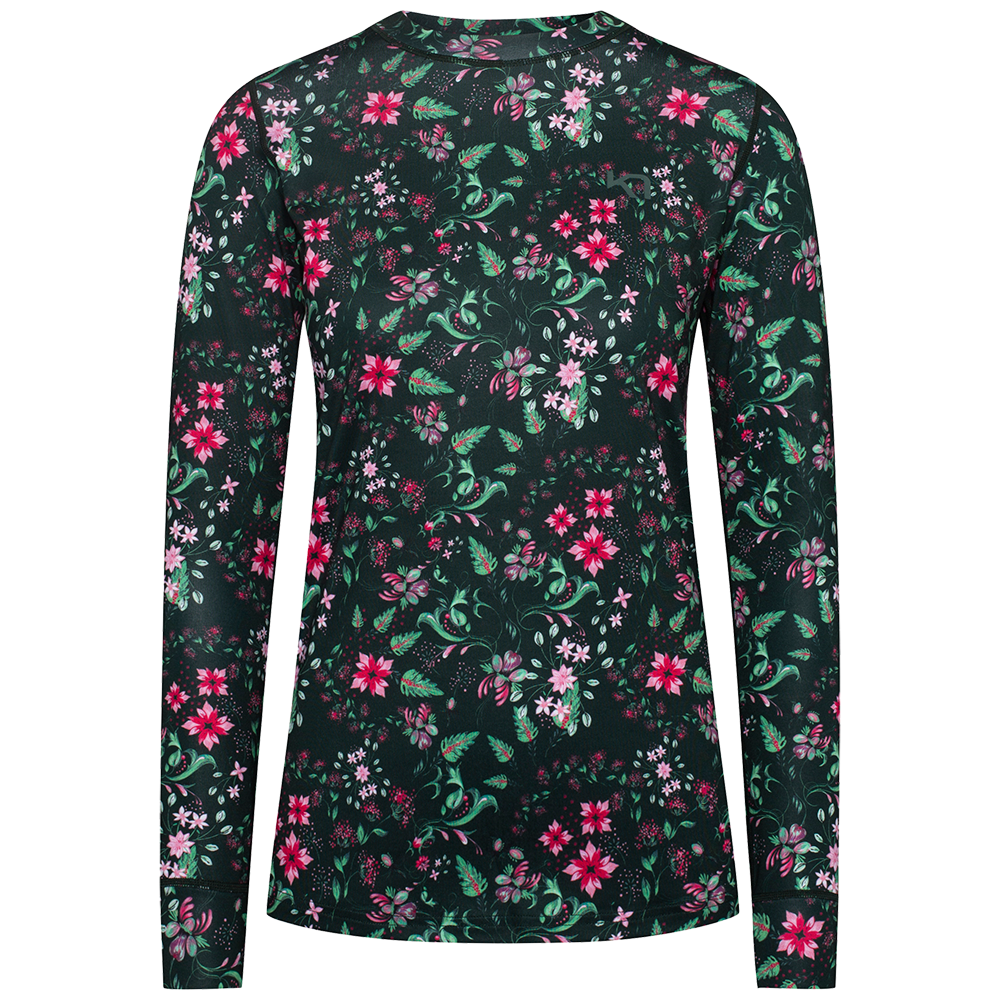 Langærmet bluse med mørkegrøn bund og tæt, romantisk blomsterprint i nuancer af pink, lyserød og grønt. Snittet er enkelt og figurnært med rund hals og lange ærmer, der giver et feminint og alsidigt udtryk. Stoffet ser blødt og let ud, egnet til hverdag eller under en jakke. De små blade og blomster skaber et livligt, men stadig elegant mønster.