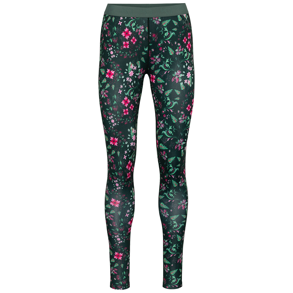 Disse tætsiddende leggings har en mørkegrøn bund med et livligt blomstermønster i nuancer af pink, lyserød og frisk grøn. Elastisk talje sikrer god pasform, mens det strækbare, bløde materiale giver komfort til både træning og hverdagsbrug. Mønstret med små blomster og slyngede blade skaber et feminint, energisk udtryk, der nemt kan styles med en neutral top eller en farverig jakke.