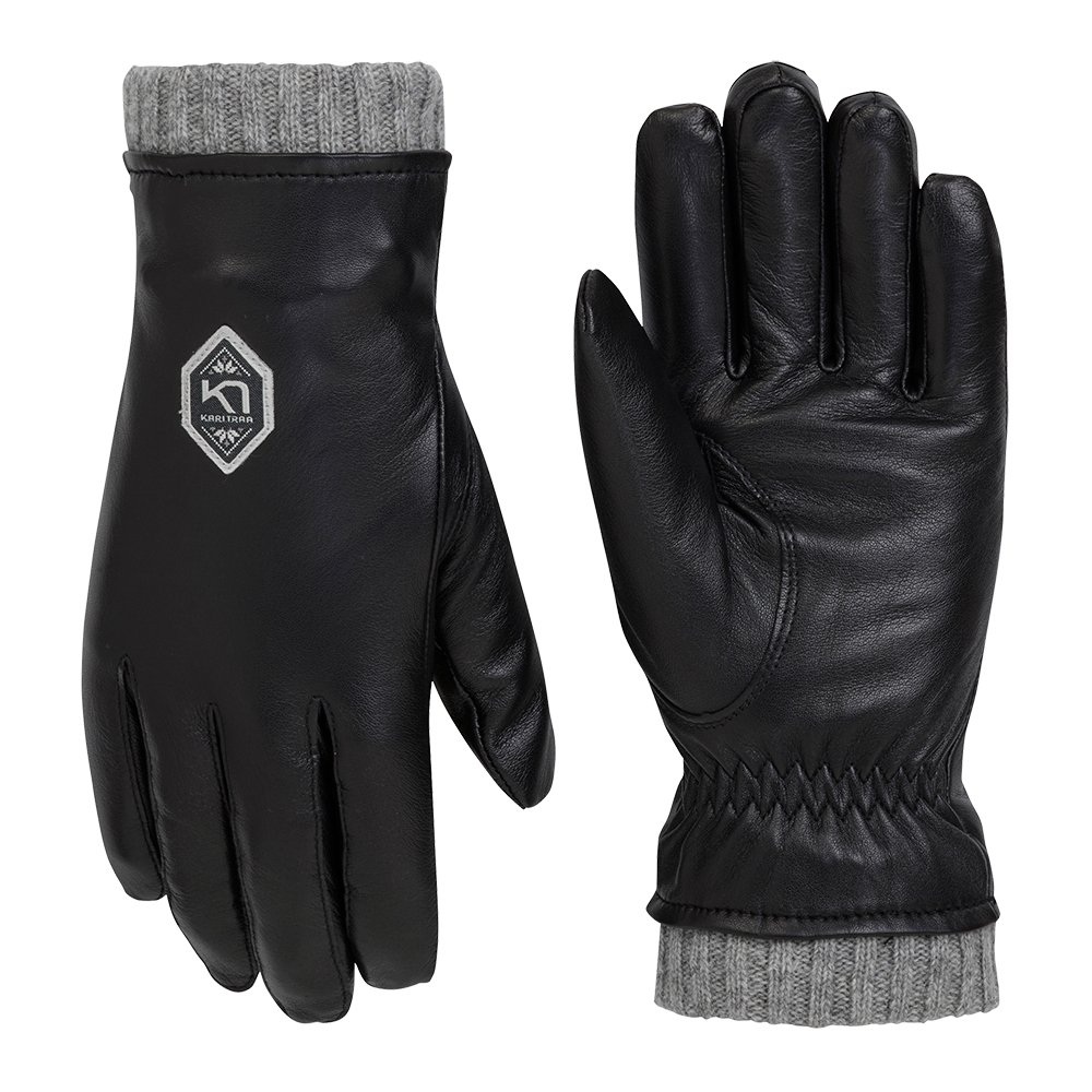 Et par sorte læderhandsker præsenteres frontalt, ét med håndfladen frem og ét med bagsiden synlig. Handskerne har glat, mat sort læder, elastisk rynkning ved håndleddet og en grå ribstrikket kant, som giver ekstra varme. Det diskrete diamantformede logo på bagsiden tilføjer et klassisk, stilrent præg. Designet virker både elegant og praktisk til koldt vejr.
