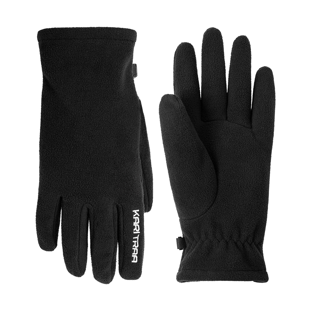 Et par sorte fleecelhandsker med enkelt og funktionelt design. Handskerne er i blødt, varmeisolerende materiale med elastisk håndled for god pasform og let forstærkning ved tommel og håndflade for ekstra komfort. Det diskrete hvide "Kari Traa"-logo på fingeren giver et stilrent præg. Velegnede til hverdag og udendørsaktiviteter i køligt vejr, hvor varme og bevægelsesfrihed er vigtige.
