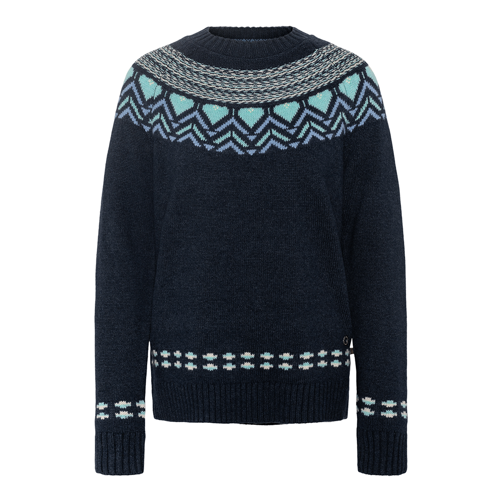 En mørkeblå, oversized striktrøje med rund hals og traditionelle mønstre i bærestykket. Den har flettede og geometriske nordiske motiver i turkis, lyseblå og hvid, som giver et frisk kontrast til den dybe bundfarve. Ribstrik ved ærmekanter og forneden skaber struktur, mens den bløde, tætte strik sikrer varme og komfort — perfekt til kolde dage og afslappede, vinterlige outfits.