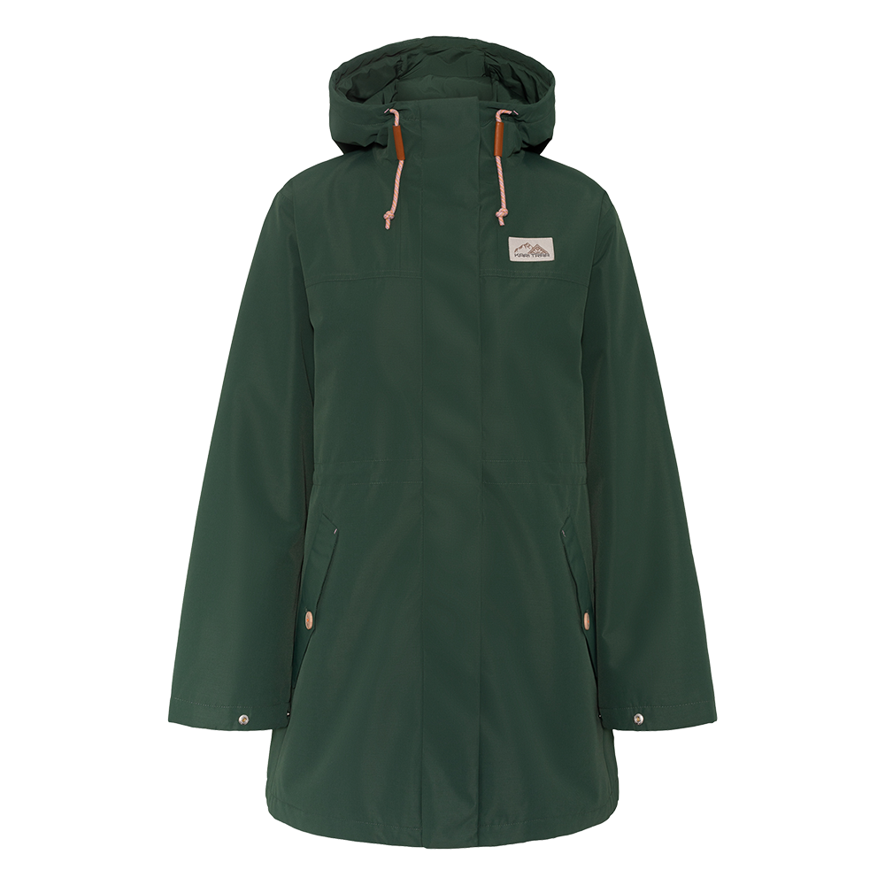 Mørkegrøn, let vandtæt parka med hætte og justerbare snører i kontrastfarve. Jakken har en ren, minimalistisk silhuet, lange ærmer med trykknapper ved manchetter og to skrå lommer med klap og trykknapper. Midtfor skjult lynlås med stormklap giver ekstra beskyttelse mod vind, og et lille logo-patch på brystet tilføjer et diskret accent. Perfekt til regnfulde dage og casual udendørsliv.