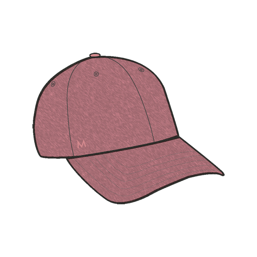 En enkel, lyserød baseball-kasket med blød melange‑struktur og afrundet skygge. Kasketten har seks paneler, broderede ventilationshuller og diskret syning langs skyggen, hvilket giver et håndværkspræget udtryk. På venstre side ses et lille, minimalistisk "M"-logo. Designet er casual og tidløst — velegnet til hverdagsbrug og let at kombinere med både sporty og afslappede outfits.