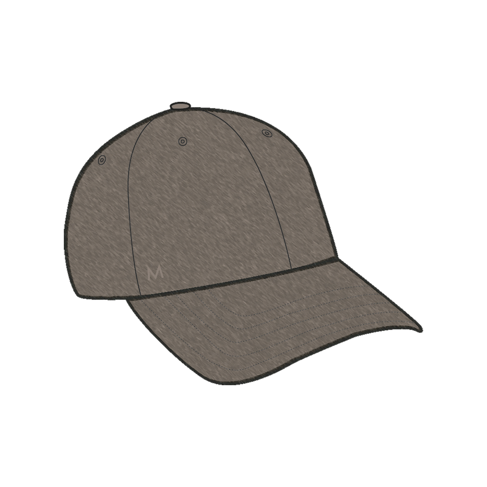 En ensfarvet baseballkasket i afdæmpet brungrå med klassisk seks-panel-konstruktion og synlige syninger på skyggen. Kasketten har en let buet skygge, små ventilationshuller i hvert panel og en diskret, ton-i-ton "M"-logo på siden. Materialet virker blødt og børstet, hvilket giver et afslappet, hverdagsagtigt udtryk, velegnet til både sport, fritid og til udendørsbrug.