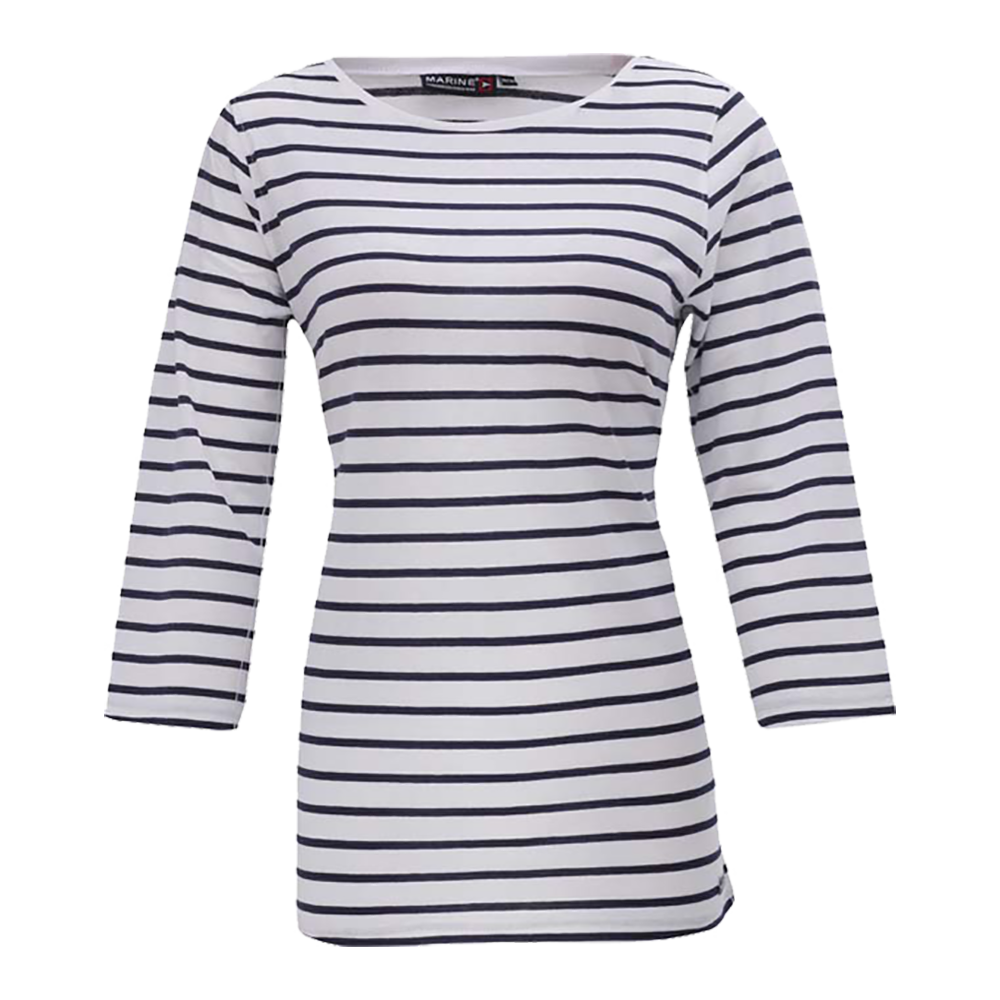 Hvid og navyblå marinerstribet bluse med klassisk bådudskæring og trekvartærmer. Den let figursyede silhuet og de lige, smalle striber giver et tidløst, elegant udtryk. Fremstillet i blødt, åndbart materiale egnet til hverdagsbrug; nem at style med jeans, chinos eller en nederdel. Enkel finish og diskrete sømme gør den alsidig og velegnet til både afslappede og mere sofistikerede outfits.