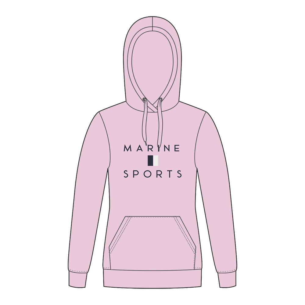 En lyserød hættetrøje i simpel, sporty stil med en stor hætte, snorejustering og en klassisk kængurulomme foran. Brystet prydes af teksten "MARYNE SPORTS" i enkelt, mørkt typografi med et lille rektangellogo i midten. Ribkanter ved ærmer og bund giver et afsluttet look. Trøjen har et minimalistisk og moderne udtryk, velegnet til både afslappet hverdag og let træning.