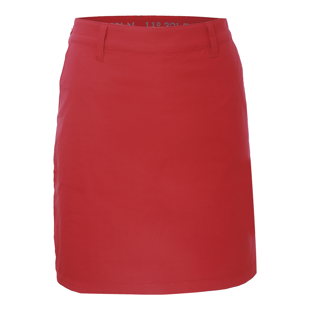 Denne knælange nederdel i en klar rød farve har et enkelt, klassisk snit med let A-form og linning med bæltestropper. Materialet virker glat og let elastisk, hvilket giver komfort og bevægelsesfrihed. Ingen synlige lommer eller pynt holder looket minimalistisk og alsidigt. Perfekt til både hverdagsbrug og mere formelle lejligheder, kombineret med bluse eller strik for et stilrent udtryk.