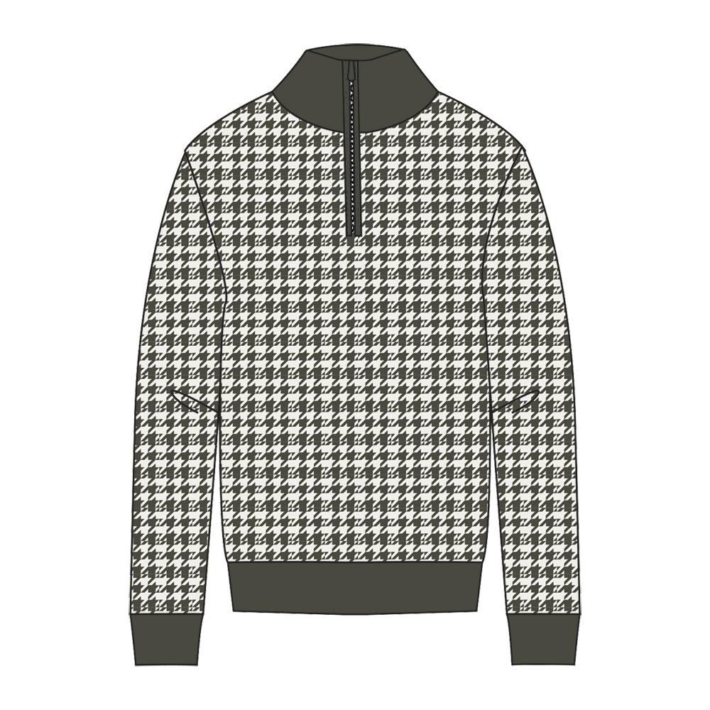 Langærmet sweatshirt med klassisk pepita-mønster i sort og creme, kombineret med en høj krave og kort center-lynlås. Ærmer og krop prydes af det gentagne hundetandsmønster, mens manchetter, linning og krave er i ensfarvet, olivengrøn rib. Silhuetten er afslappet med let fald og rene sømme, hvilket giver et moderne, tidløst udtryk velegnet til både hverdag og mere formelle lag-på-lag looks.