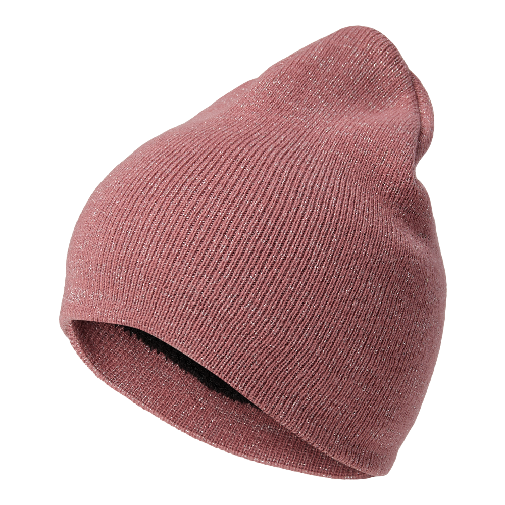 Lys rosa beanie i tæt ribstrikket mønster med diskrete sølvglimmertråde, der giver et let shimmer. Huen har en blød, mørk indvendig foring og en afrundet, let oversize facon, som falder blødt bagpå hovedet. En stilren og varm accessory, velegnet til både hverdag og vinterudflugter, der kombinerer komfort med et subtilt feminint touch.