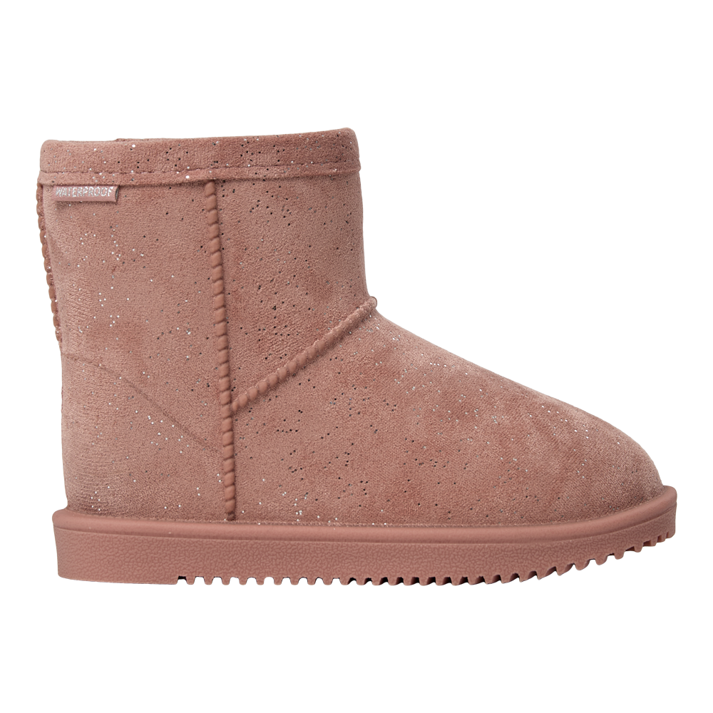 Et enkelt rosa ankelstøvle i ruskindlignende materiale, pyntet med fine sølvglitterprikker, står vist mod en neutral baggrund. Støvlen har tydelige syninger langs skaft og forfod, en lav profileret sål i matchende farve og et lille mærke med teksten "WATERPROOF" ved kanten. Designet er både hyggeligt og praktisk, velegnet til kolde dage hvor komfort og et diskret feminint touch ønskes.
