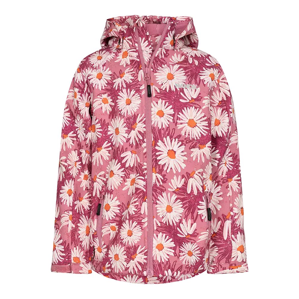Lyserød, vandtæt børnejakke med hætte i et livligt blomstermønster af store hvide margueritter med orange midte. Jakken har fuld lynlås foran, lange ærmer og to skjulte lommer med lynlås, og ser både praktisk og komfortabel ud til regnvejrsdage. Materialet virker glat og let at tørre af, perfekt til aktive børn, der ønsker farve og beskyttelse mod vådt vejr.