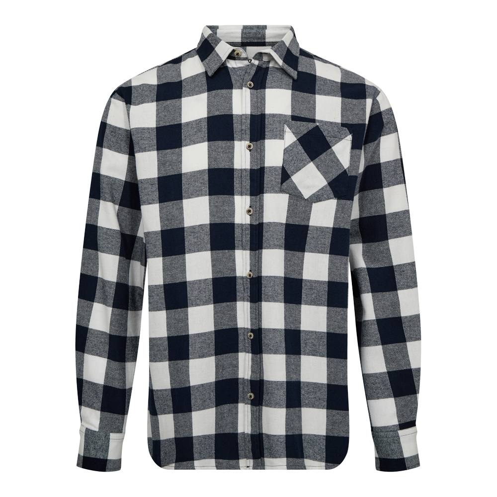 En klassisk, langærmet skjorte i blå og hvide store tern, med knaplukning og en skråstillet brystlomme, der bryder mønsteret subtilt. Skjorten har en traditionel krave, manchetter med knapper og et afslappet snit, som egner sig til hverdagsbrug eller lag-på-lag om efteråret. Materialet virker blødt og behageligt, hvilket giver et robust men komfortabelt og tidløst look.