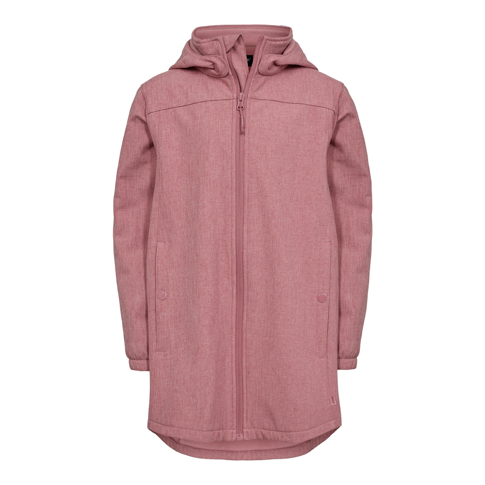 En elegant, rosa softshell-agtig jakke med hætte og fuld lynlås. Jakken har et enkelt, strømlinet snit, let forlænget bagkant og skjulte lommer med trykknapper for et minimalistisk udtryk. Materialet virker struktureret og vindafvisende, egnet til køligt, fugtigt vejr. Ærmerne er let elastiske ved håndleddene, og den neutrale farve gør jakken nem at kombinere med både hverdagstøj og mere afslappede outfits.