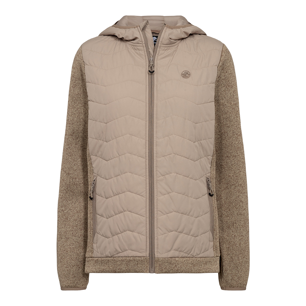 En moderne, beige jakke med quiltet frontparti og bløde, strikkede ærmer. Jakken har hætte, gennemgående lynlås og diskrete sidelommer med lynlås, der kombinerer varme og funktionalitet. Frontens polstring giver ekstra isolering, mens de teksturerede ærmer tilfører et afslappet, hverdagsagtigt udtryk. Velegnet til kølige forårsdage eller efterårsture, hvor komfort og stil går hånd i hånd.