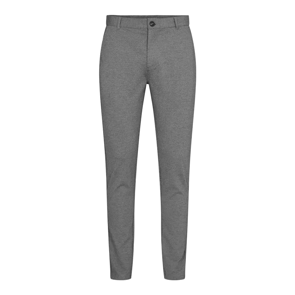 Grå, elegante herrebukser med slank og moderne pasform. Bukserne har bæltestropper, en synlig knap ved taljen og en diskret lukning, samt skrå sidelommer og en enkel, ren overflade uden mønster. Stoffet virker let struktureret og behageligt, velegnet til både kontorbrug og mere afslappede anledninger. Det minimalistiske snit giver et klassisk og alsidigt look.