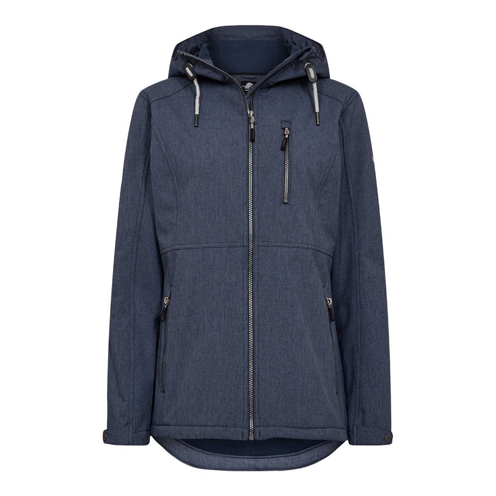 En mørkeblå softshell-jakke med hætte og central lynlås. Jakken har justerbar hætte med grå snore, en lodret brystlomme med lynlås samt to sidelynlåse. Figursyede syninger og mat, let meleret stof giver et moderne, funktionelt udtryk. Forlænget rygstykke sikrer ekstra varme, mens trykknapper ved ærmekanterne gør pasformen nem at tilpasse. Velegnet til hverdag og let regn.