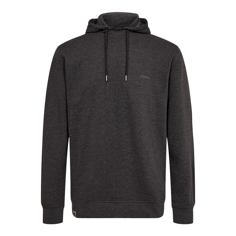 Grå, mørk hættetrøje i et enkelt og tidløst design. Den har langt ærme, ribkant ved ærmer og bund, samt en justerbar hætte med snøre og metalender. Stoffet ser blødt og struktureret ud, perfekt til afslappet hverdag eller lag-på-lag styling. Et diskret logo på brystet giver et subtilt præg uden at dominere det minimalistiske udtryk.