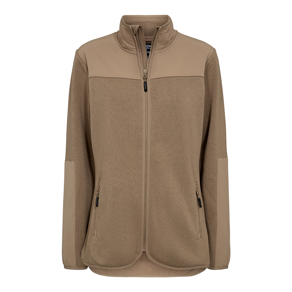 Beige fleecejakke med hel lynlås og høj krave, designet til både komfort og funktionalitet. Jakken har blødt, struktureret fleece materiale, kontrastpaneler på skuldre og ærmer samt forstærkede albuer. To sidelommer med lynlås giver sikker opbevaring, mens den løse pasform og længere bagstykke gør den velegnet til lag-på-lag og udendørs aktiviteter. Enkel, stilren og praktisk til hverdagsbrug.