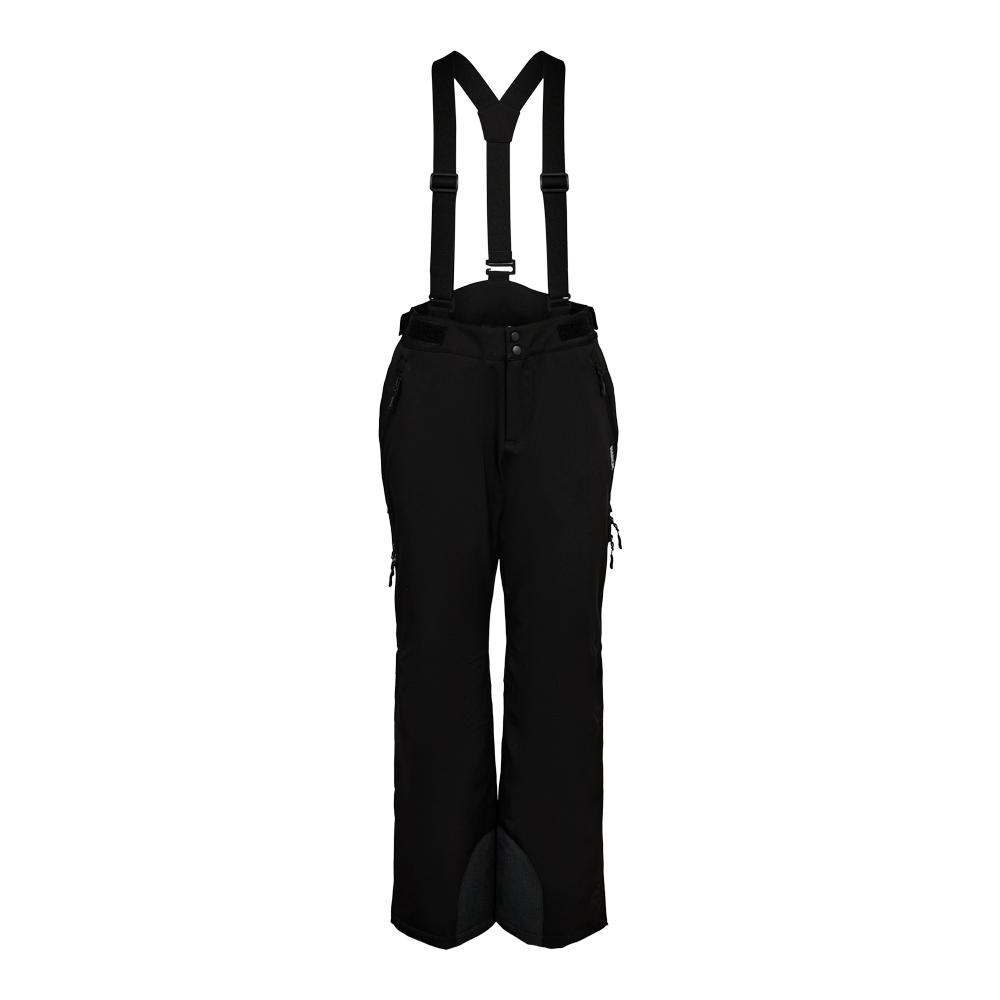 Et par sorte skibukser med brede, justerbare seler vist på en torso. Buksen har høj talje med trykknapper og lynlåslommer i siderne, justerbare velcro-stropper ved hoften og forstærkede kanter ved benspidserne. Materialet virker kraftigt og velegnet til vinterbrug, beskytter mod kulde og sne og er designet til aktivt friluftsliv som skiløb eller snesport.