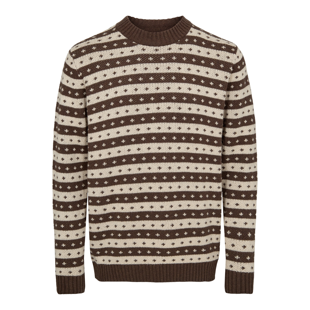 En varm, strikket sweater i brun og beige med moderne nordisk præg. Trøjen har vekslende horisontale striber dekoreret med små kontrastmønstre, tætte ribkanter ved hals, ærmer og kant samt en tæt, blød struktur. Farverne er varme og naturlige, hvilket giver et klassisk, tidløst udtryk. Perfekt til kolde dage, hvor komfort og enkel stil går hånd i hånd.