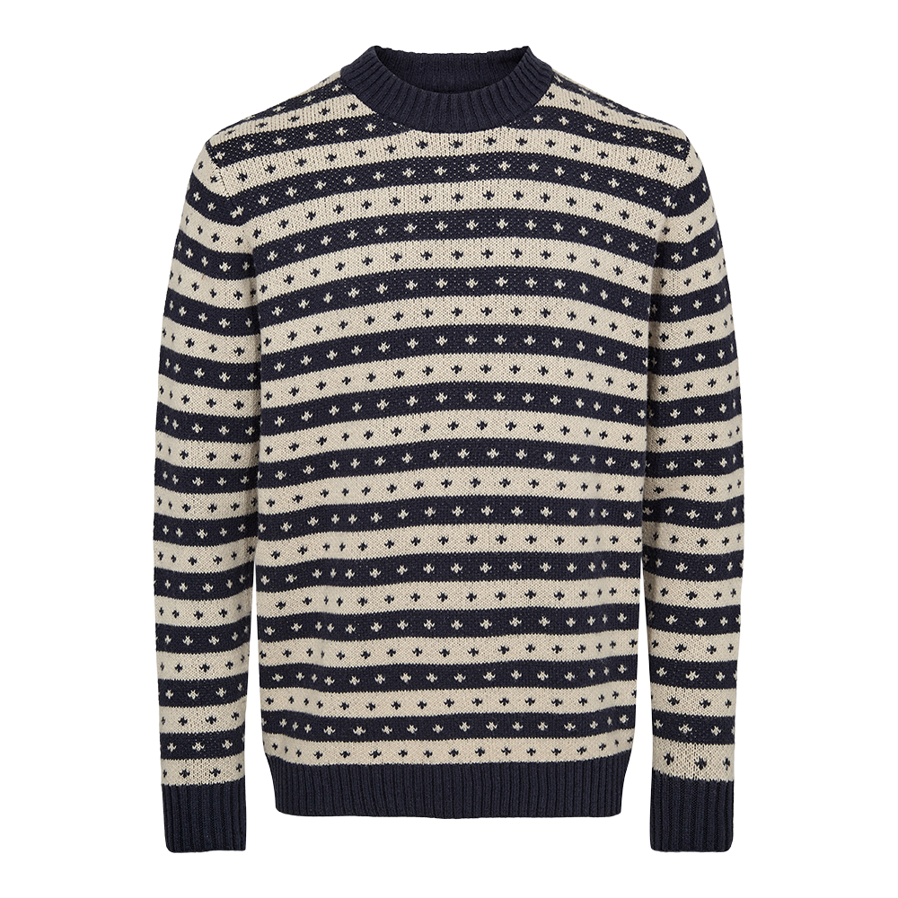 En klassisk striktrøje i navy og beige med små, gentagne mønsterdetaljer i striber. Trøjen har rund hals, ribkanter ved ærmer og bund samt en tæt, varm struktur i uldblanding. Mønsteret skaber et diskret, tidløst udtryk, der passer til både afslappede og mere formelle outfits. Passformen virker lidt løs og komfortabel, velegnet til kølige dage og lag-på-lag-styling.