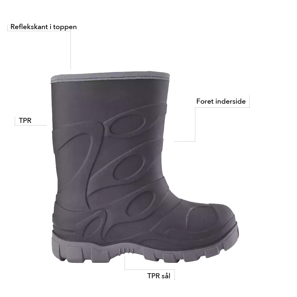 Støvlen på billedet er en kraftig, til midt på læggen gummistøvle i mørkegrå eller sort med et dekorativt, bølget mønster på skaftet. Den har en kraftig sål med riller til godt greb og et rundet tåparti for ekstra beskyttelse. Støvlen virker vandtæt og praktisk til udendørs arbejde, regnvejr eller havebrug og fremstår robust, let at rengøre og funktionel i designet.