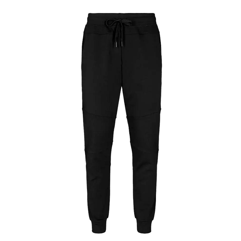 Et par sorte joggingsbukser i enkelt, moderne design. Bukserne har elastisk talje med snor, ribkant ved anklerne og diskrete sidelommer. Syninger over knæene skaber et sporty look og giver bevægelsesfrihed. Materialet virker blødt og komfortabelt, velegnet til afslappede dage eller træning. Den slanke pasform kombinerer funktionalitet med et stilrent udtryk.
