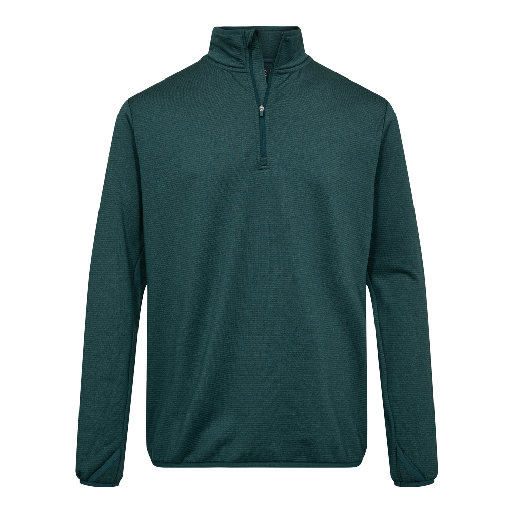 Langærmet quarter-zip trøje i dyb grøn farve med høj krave og kort lynlås foran. Stoffet har en fin, let struktur og ser blødt og åndbart ud, ideelt som mellemlag eller til hverdagsbrug. Slank, enkel pasform med elastisk kant i bunden og ved manchetterne. Et alsidigt og stilrent valg til kølige dage, der kombinerer komfort og diskret elegance.