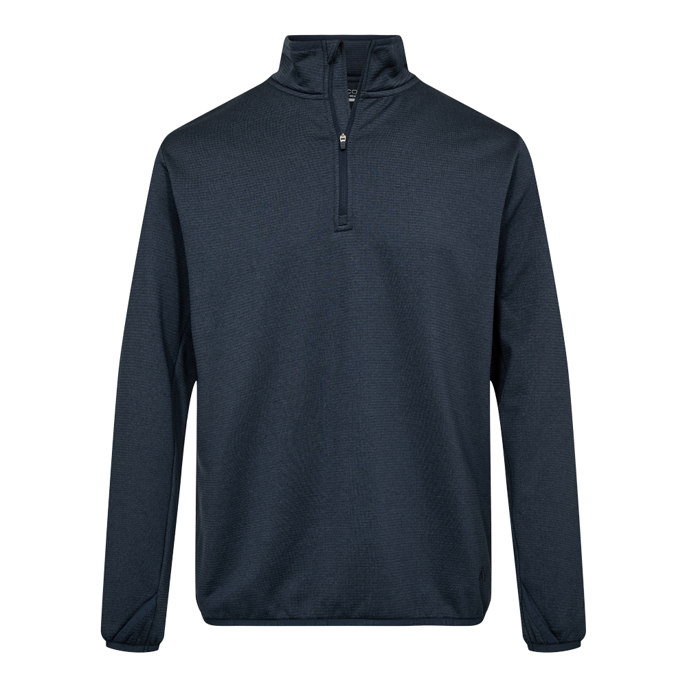 En mørkeblå, letvægts quarter-zip trøje med høj krave og kort lynlås foran. Stoffet har en fin, struktureret overflade, der giver et diskret mønster og et sporty, men stilrent udtryk. Lange ærmer med elastiske manchetter og nedkant sikrer god pasform. Trøjen egner sig til lag-på-lag, fritidsbrug eller lette træningsture og kombinerer komfort med minimalistisk design.
