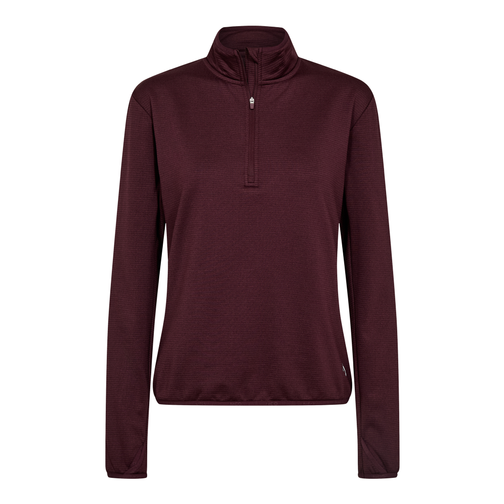 Den visuelle fremstilling viser en elegant, bordeauxfarvet trøje med lange ærmer og halvlange lynlås i halsen. Stoffet ser let tekstureret og fleksibelt ud, med en tætsiddende men afslappet pasform, let indsnævret i livet. Høj krave og diskret sømdekoration giver et minimalistisk, sporty udtryk, velegnet til casual hverdagsbrug eller lag-på-lag under jakker ved køligt vejr.