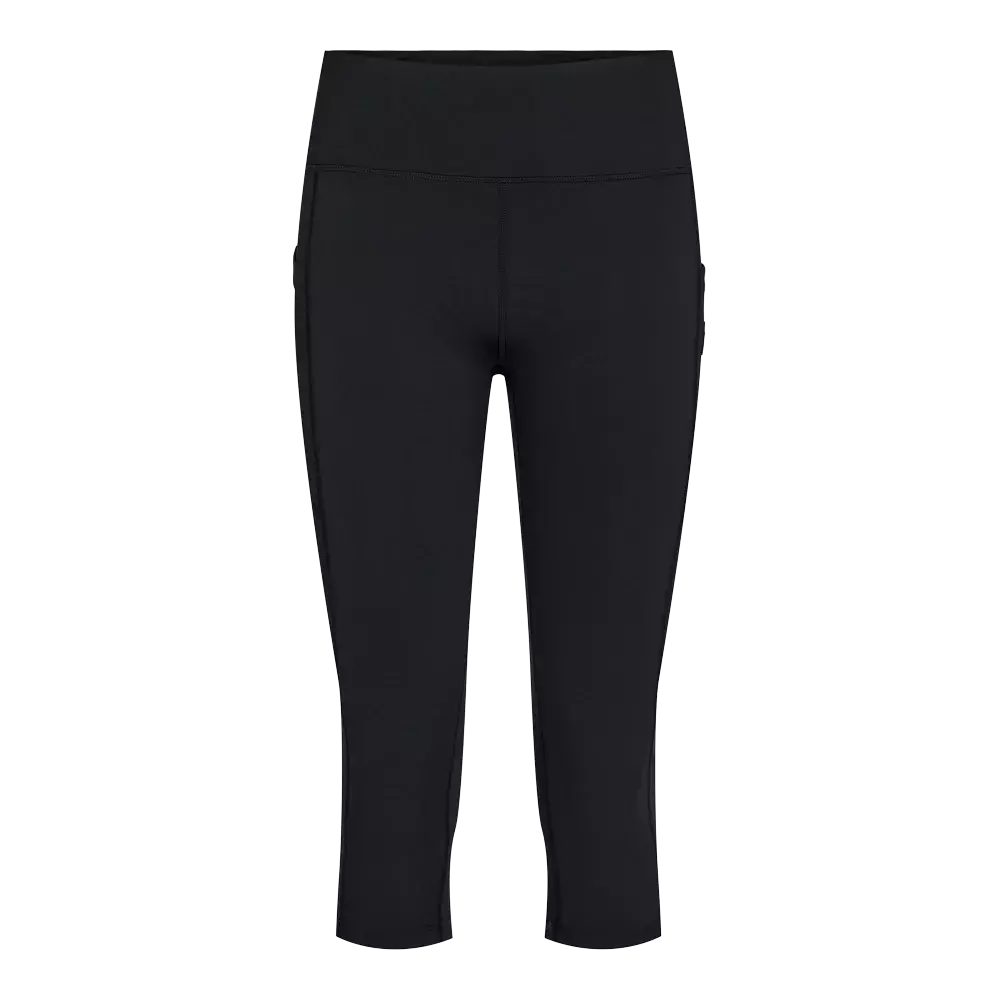 Sorte, knælange træningstights i et stretchstof med høj talje og cropped længde. Tightsene har en tætsiddende pasform, flade syninger og et enkelt, minimalistisk design, der gør dem velegnede til både træning og hverdagsbrug. Den brede linning sikrer god støtte omkring maven, mens det elastiske materiale giver bevægelsesfrihed og komfort under aktivitet.