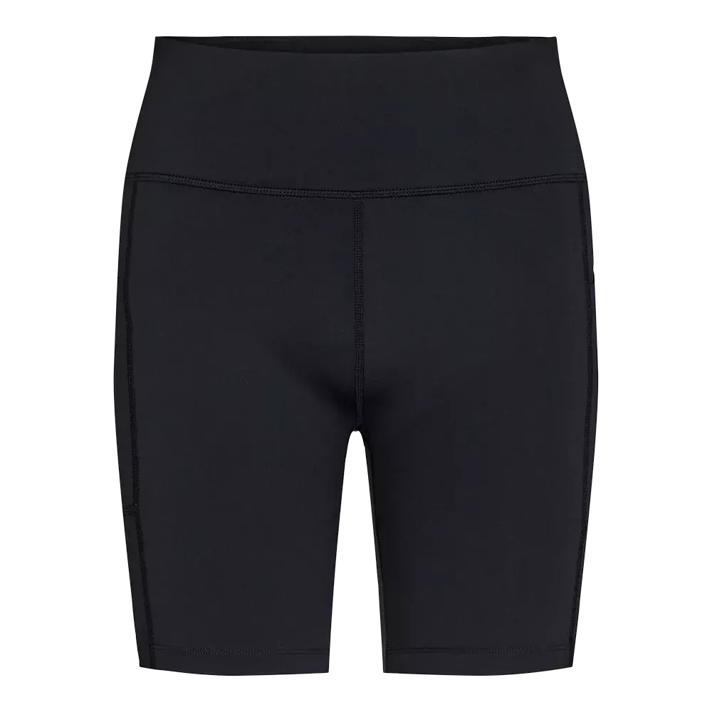 Et par sorte, højtaljede cykelshorts i et strækbart og tætsiddende materiale. Designet er enkelt og minimalistisk med flade syninger og en bred linning, der giver støtte omkring taljen. Midilengden når midt på låret, hvilket gør dem velegnede til både træning og hverdagsbrug. De virker komfortable og funktionelle, ideelle til løb, yoga eller som et basislag under kjoler og nederdele.