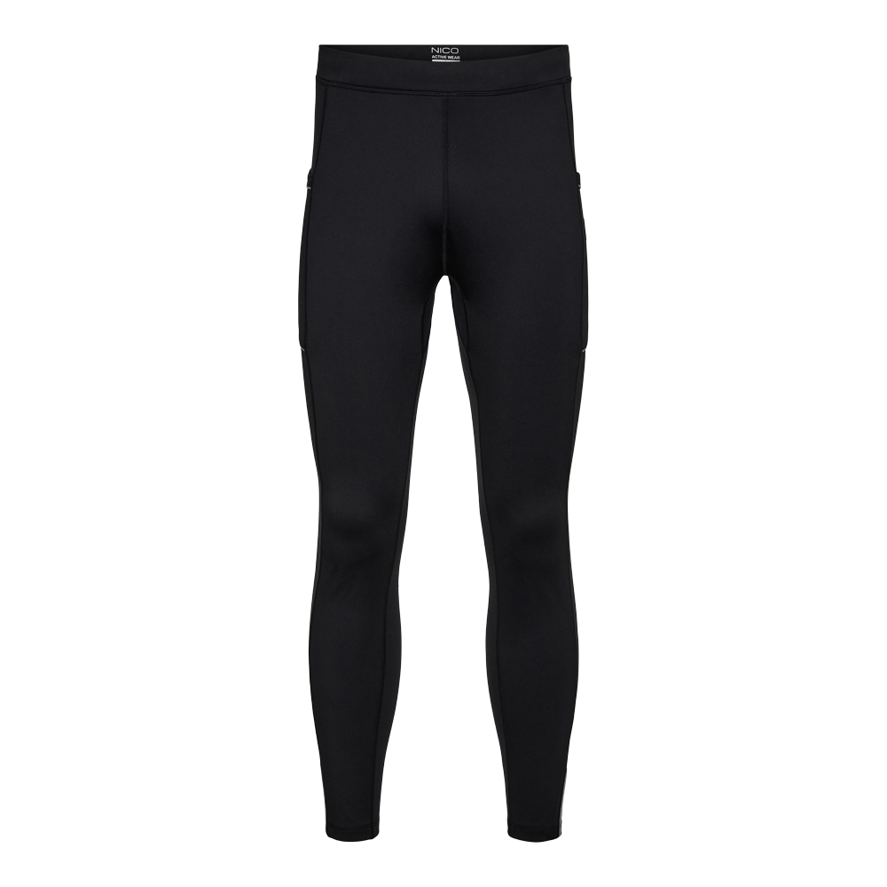 Sorte, tætsiddende træningstights i fuld længde, designet til løb og styrketræning. Den elastiske linning og det strækbare materiale giver en tæt og støttende pasform, mens flade syninger minimerer gnidning. Diskrete sidelommer og små refleksdetaljer øger brugervenligheden og synligheden i svagt lys. Stilrene og funktionelle, de er nemme at kombinere med både løbesko og hverdagstøj.