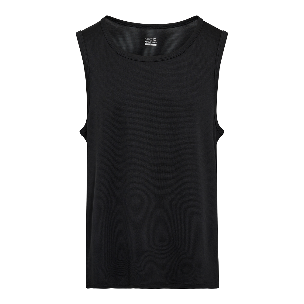 Sort, ærmeløs tanktop i et enkelt og tidløst design. Den har rund halsudskæring, brede ærmegab og et glat, let teknisk stof som virker åndbart og velegnet til træning eller hverdagsbrug. Tanktoppen er uden mønster eller pynt, bortset fra en diskret label i nakken, hvilket giver et minimalistisk udtryk, der nemt kombineres med både sportstøj og afslappede jeans.